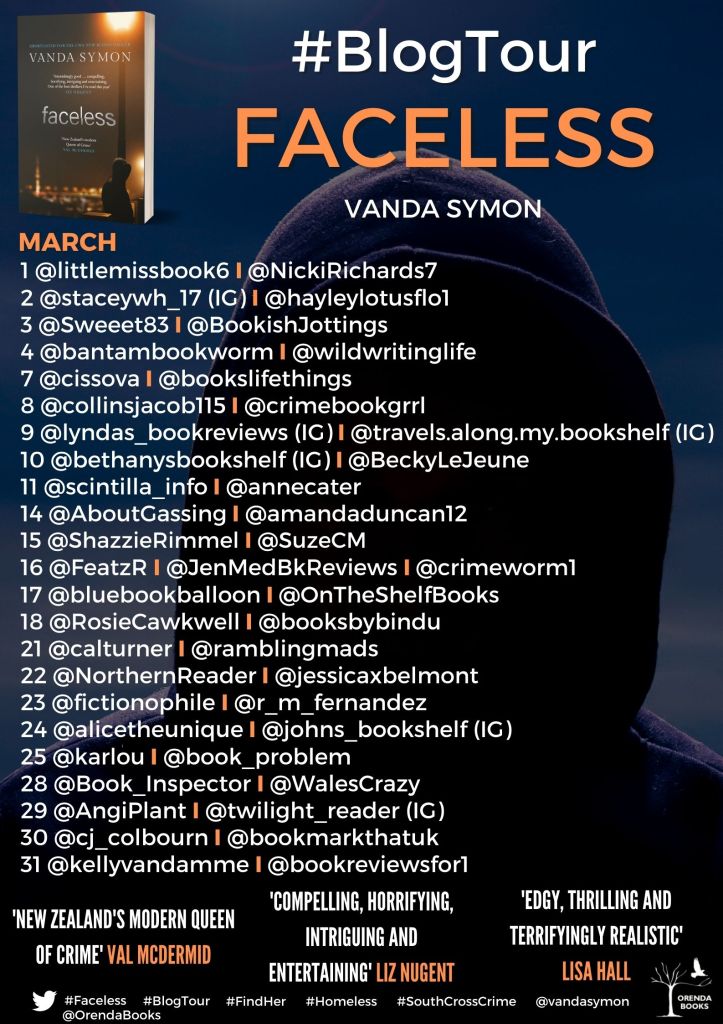 Blog tour poster for Faceless by Vanda Symon