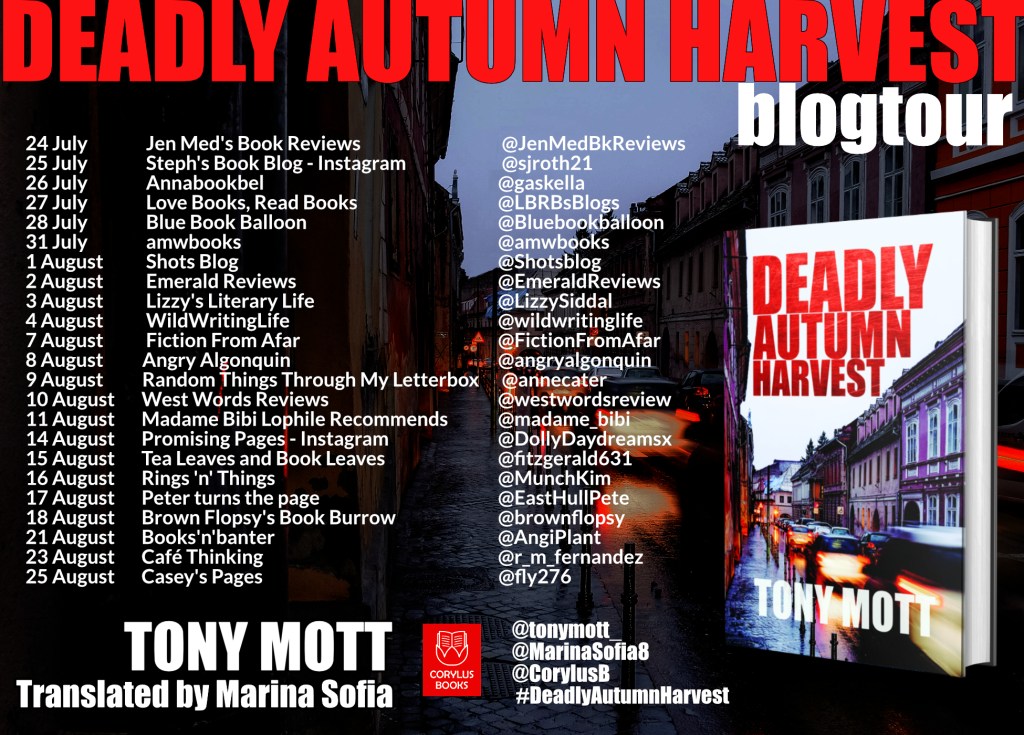 Blog tour poster for Deadly Autumn Harvest by Tony Mott tr Marina Sofia