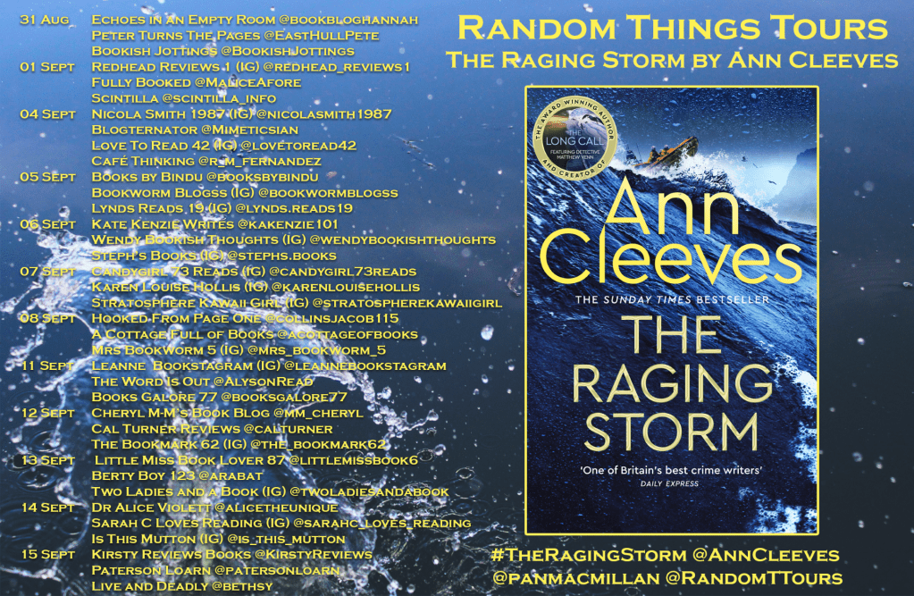 Poster for the blog tour of The Raging Storm by Ann Cleeves