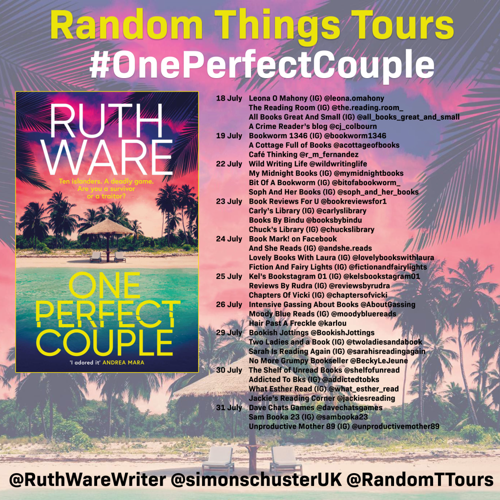 blog tour poster for One Perfect Couple by Ruth Ware