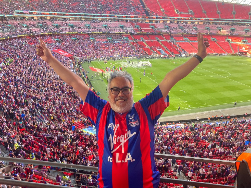 Picture of me with my arms aloft at Wembley after Crystal Palace have won the FA Cup