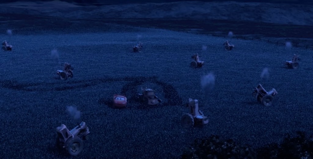 Lightning and Mater go tractor tipping - a scene from the film 'Cars'