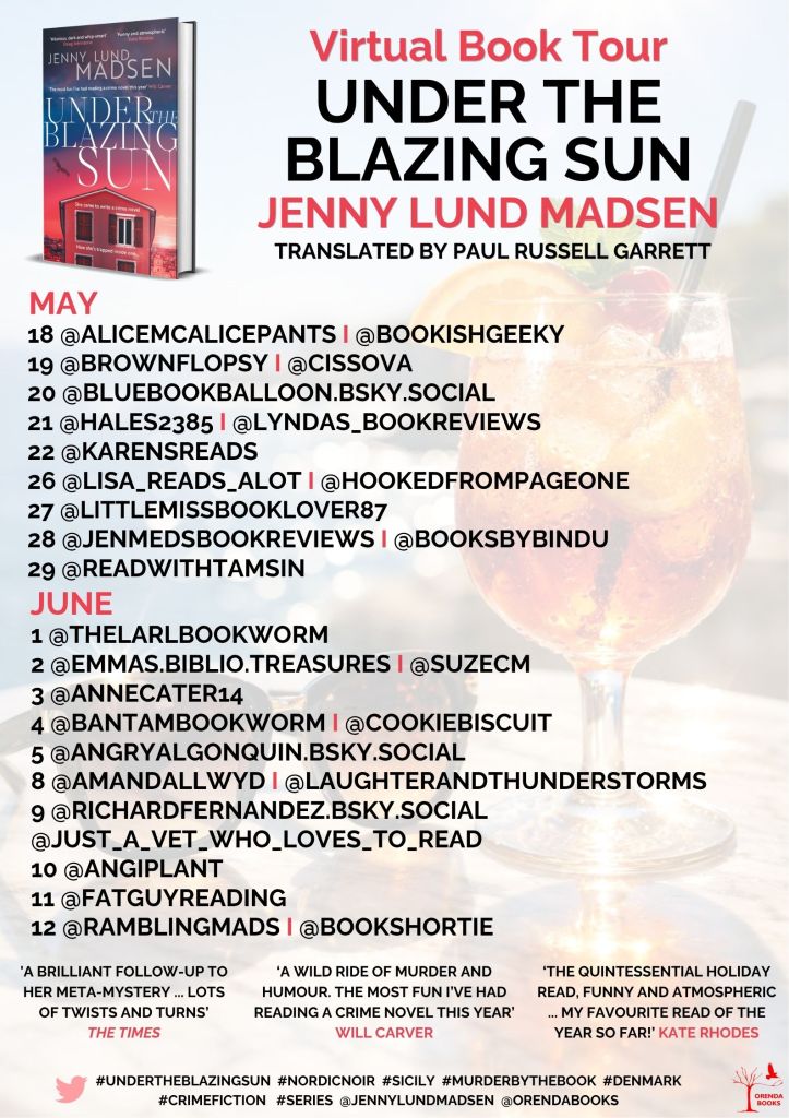 Virtual book tour poster for Under the Blazing Sun by Jenny Lund Madsen tr Paul Russell Garrett