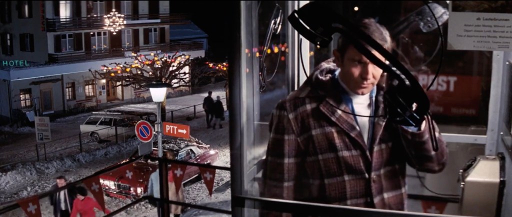 Bond at a payphone in the 1969 film On Her Majesty's Secret Service
